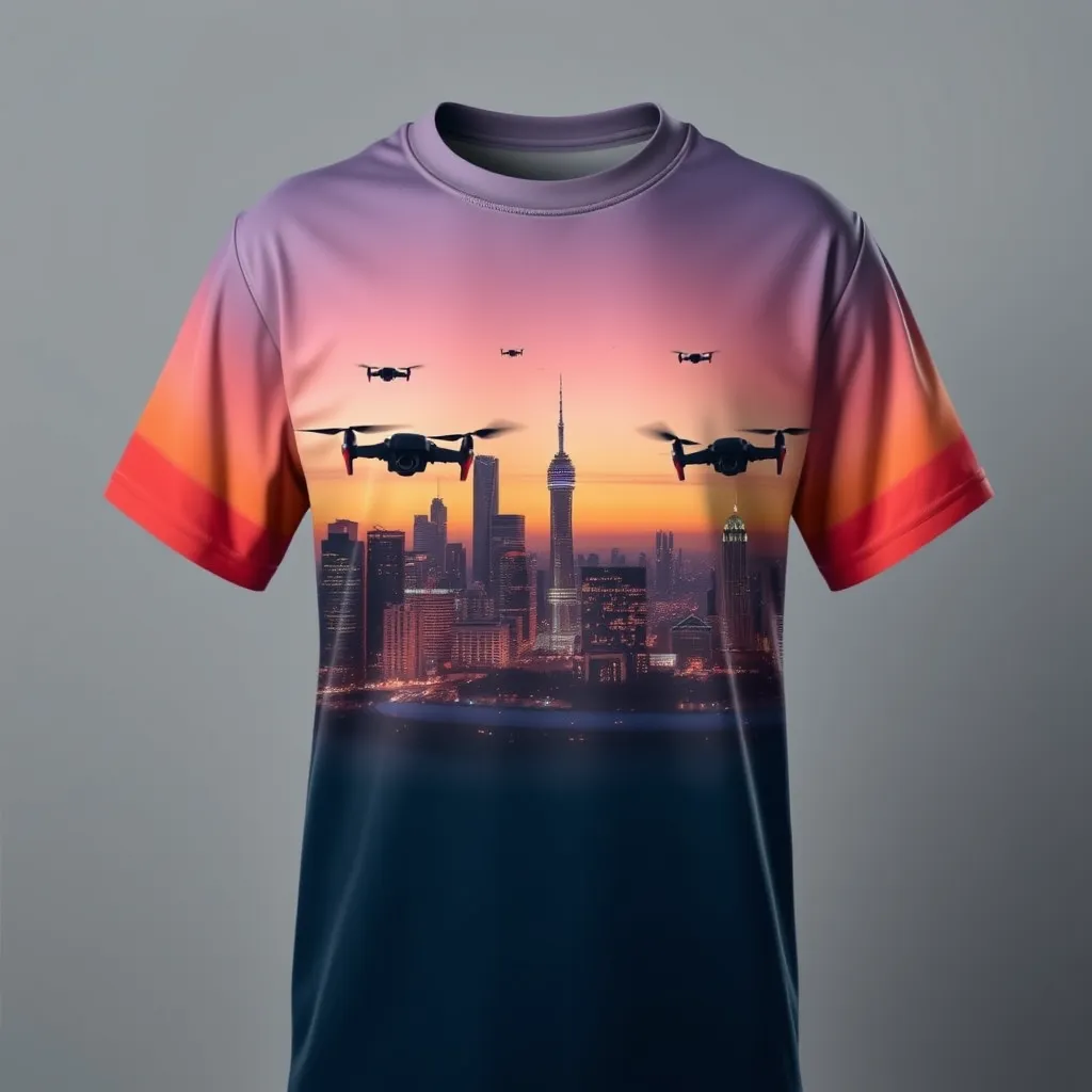 a t-shirt with t-shirt with a high-tech skyline at dusk, with glowing windows, hovering drones, and neon signs illuminating the scene, in a blend of orange, pink, and dark blue tones, a t-shirt with short sleeves, static shot, fashion shirt, a shirt set against a solid-colored background, with contrast between background and shirt, on a solid light-gray studio background, realistic shirt concept