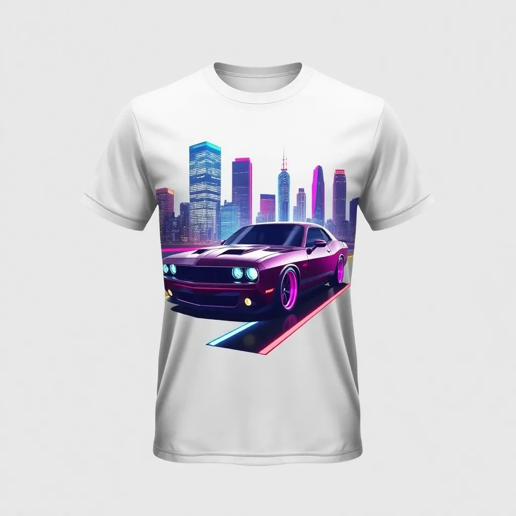 A themed t-shirt with a muscle car print. t-shirt with a futuristic take on a muscle car, with angular lines and neon accents, cruising through a neon-lit cityscape at night, emphasizing modernity and bold design, a t-shirt with short sleeves, static shot, fashion shirt, a shirt set against a solid-colored background, with contrast between background and shirt, on a solid light-gray studio background, realistic shirt concept