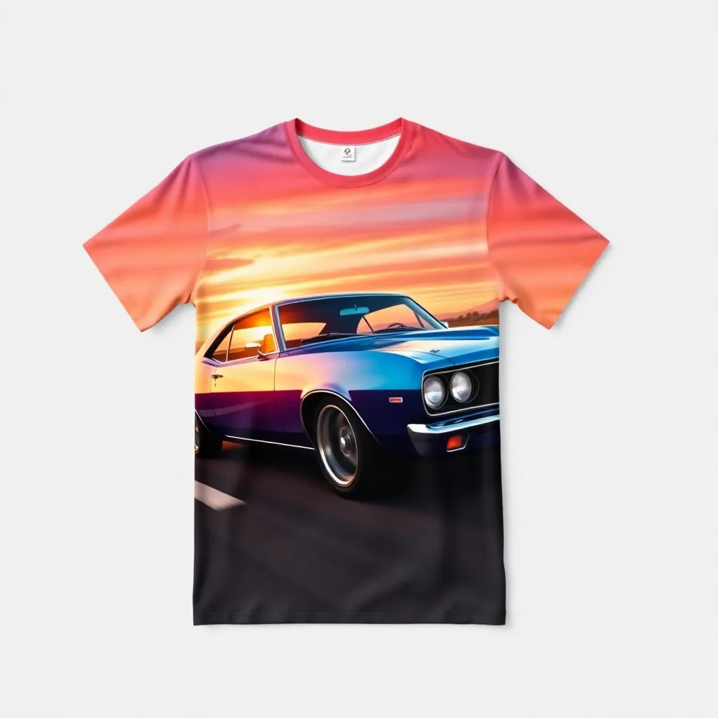 A themed t-shirt with a muscle car print. t-shirt with a classic muscle car cruising down a scenic highway at sunset, with the sky ablaze in shades of orange and pink, and the car painted in a sleek metallic blue, a t-shirt with short sleeves, static shot, fashion shirt, a shirt set against a solid-colored background, with contrast between background and shirt, on a solid light-gray studio background, realistic shirt concept
