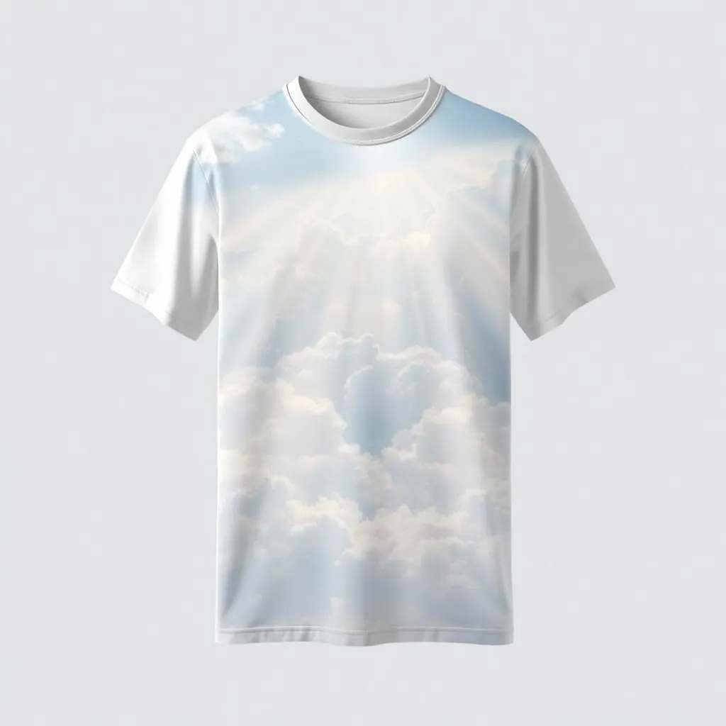 a t-shirt with t-shirt with an ethereal landscape of clouds and rays of light breaking through, hinting at a heavenly realm, with soft white and pale blue creating an uplifting mood, a t-shirt with short sleeves, static shot, fashion shirt, a shirt set against a solid-colored background, with contrast between background and shirt, on a solid light-gray studio background, realistic shirt concept