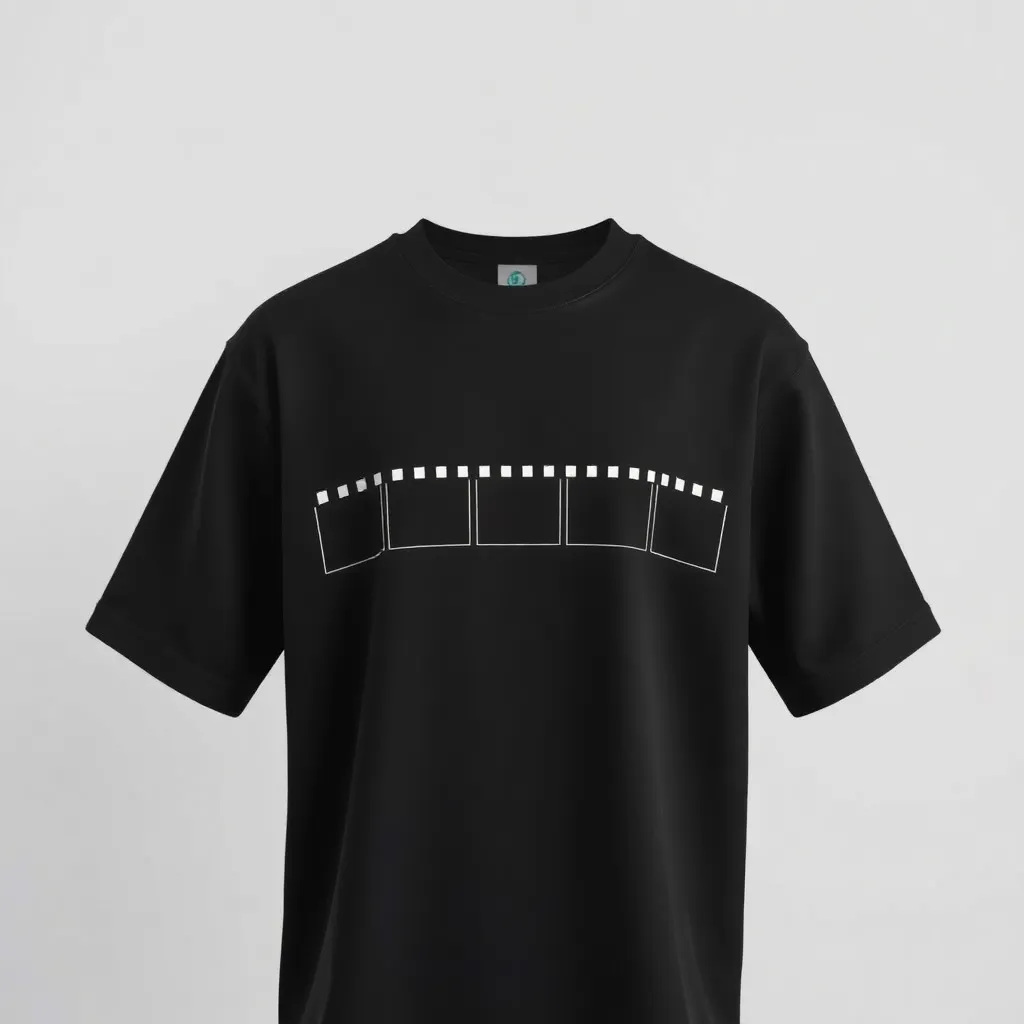 A themed t-shirt with a cinema print. t-shirt with a minimal line art of a film strip, running across the chest, its frames left blank for an understated yet elegant representation, a t-shirt with short sleeves, static shot, fashion shirt, a shirt set against a solid-colored background, with contrast between background and shirt, on a solid light-gray studio background, realistic shirt concept