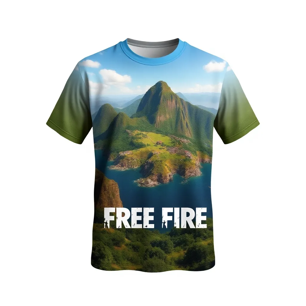 A themed t-shirt with a free fire print. t-shirt with a landscape view of an island battleground, featuring lush terrain, rugged cliffs, and strategic hideouts, captured in vibrant greens and browns, with a clear, blue sky, a t-shirt with short sleeves, static shot, fashion shirt, a shirt set against a solid-colored background, with contrast between background and shirt, on a solid light-gray studio background, realistic shirt concept