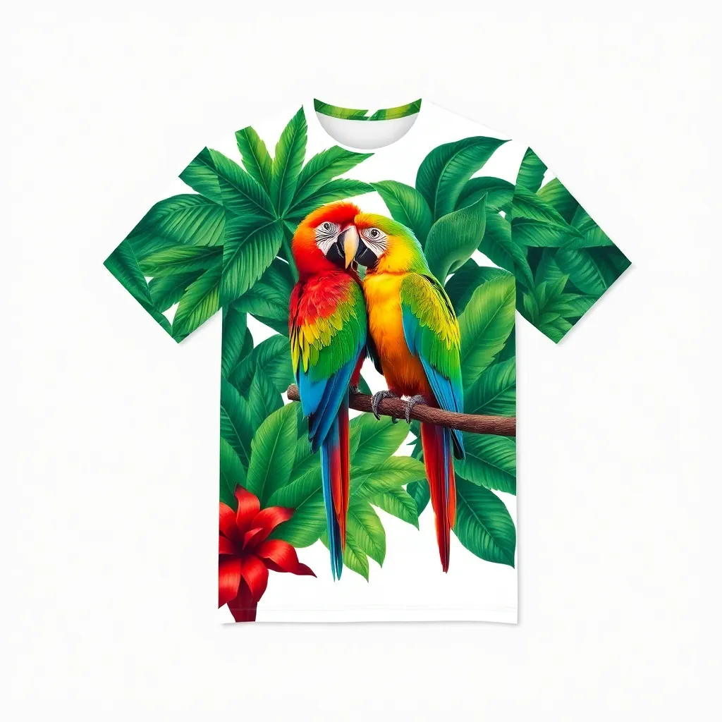 A themed t-shirt with a parrot print. t-shirt with a pair of parrots preening each other on a perch, amidst detailed tropical foliage, using vivid greens and reds for a lively and cheerful vibe, a t-shirt with short sleeves, static shot, fashion shirt, a shirt set against a solid-colored background, with contrast between background and shirt, on a solid light-gray studio background, realistic shirt concept