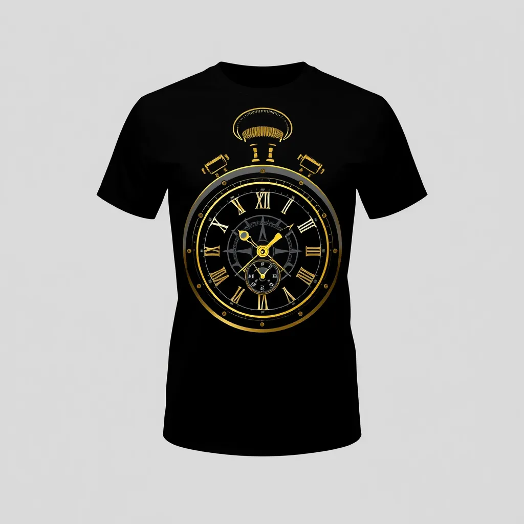 a t-shirt with t-shirt with a geometric steampunk pocket watch design, featuring sharp, angular lines and brass highlights, set against a black background for a modern, edgy appeal, a t-shirt with short sleeves, static shot, fashion shirt, a shirt set against a solid-colored background, with contrast between background and shirt, on a solid light-gray studio background, realistic shirt concept