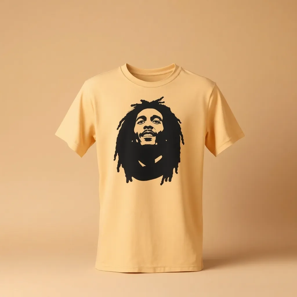 a t-shirt with t-shirt with a simple silhouette of Bob Marley's face in black, set against a plain, warm-toned background like beige or light brown for a minimalist yet warm appearance, a t-shirt with short sleeves, static shot, fashion shirt, a shirt set against a solid-colored background, with contrast between background and shirt, on a solid light-gray studio background, realistic shirt concept