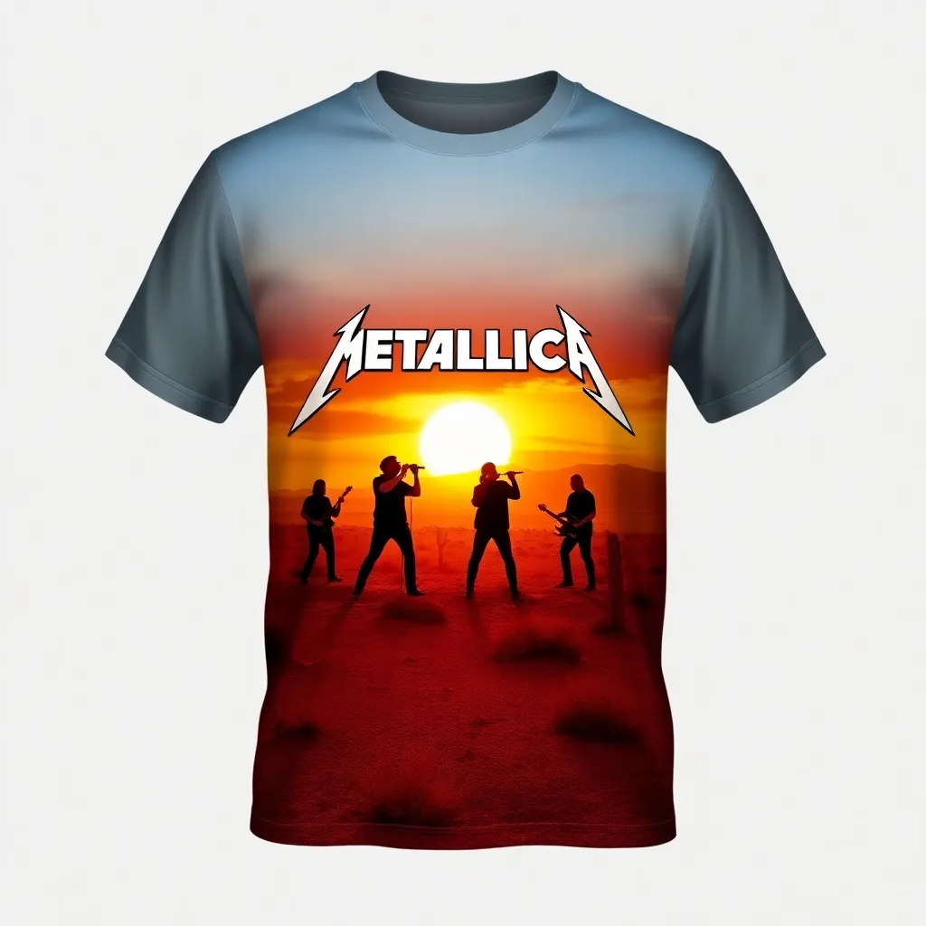 a t-shirt with t-shirt with Metallica performing outdoors in a scenic desert landscape at sunset, with orange and gold hues reflecting a moment of powerful music against nature, a t-shirt with short sleeves, static shot, fashion shirt, a shirt set against a solid-colored background, with contrast between background and shirt, on a solid light-gray studio background, realistic shirt concept