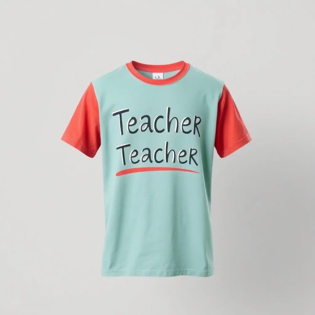 a t-shirt with teacher themed print, a t-shirt with short sleeves, static shot, fashion shirt, a shirt set against a solid-colored background, with contrast between background and shirt, on a solid light-gray studio background, realistic shirt concept