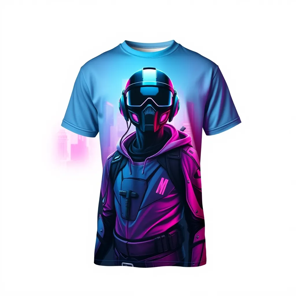 a t-shirt with t-shirt with a vivid depiction of a cyberpunk character with glowing implants and a futuristic visor, standing against a backdrop of a neon-lit cityscape in shades of pink and blue, a t-shirt with short sleeves, static shot, fashion shirt, a shirt set against a solid-colored background, with contrast between background and shirt, on a solid light-gray studio background, realistic shirt concept