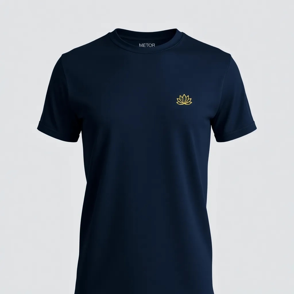 a t-shirt with t-shirt with a small, elegant lotus flower logo on the left side of the chest, in a simple gold outline, set against a navy blue shirt for a clean and professional aesthetic, a t-shirt with short sleeves, static shot, fashion shirt, a shirt set against a solid-colored background, with contrast between background and shirt, on a solid light-gray studio background, realistic shirt concept
