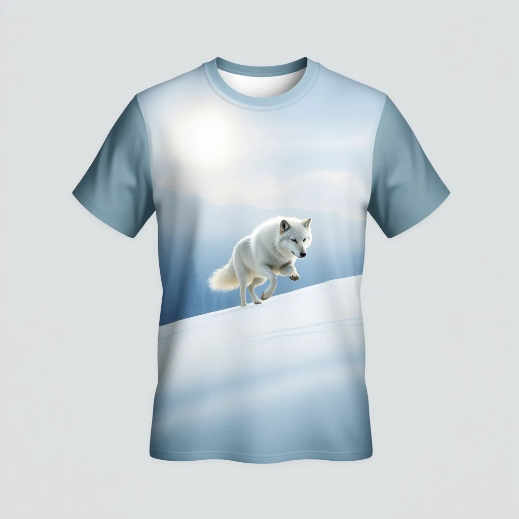 a t-shirt with t-shirt with a lone wolf running through a snowy landscape, with soft white fur blending into the cold blue and silver surroundings under a pale winter sun, a t-shirt with short sleeves, static shot, fashion shirt, a shirt set against a solid-colored background, with contrast between background and shirt, on a solid light-gray studio background, realistic shirt concept