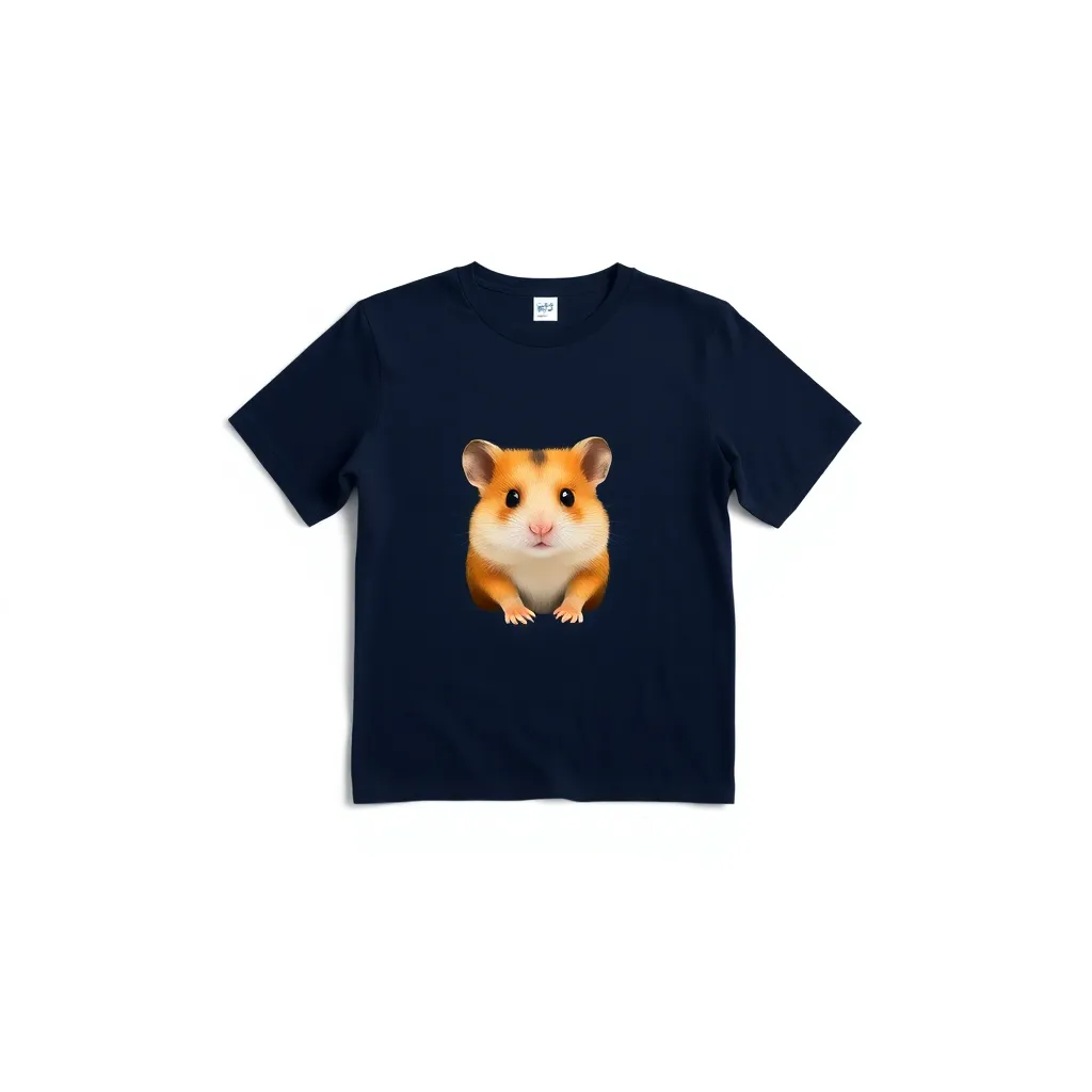 A themed t-shirt with a hamster print. t-shirt featuring a small hamster design on the left chest, with its little ears perked up and inquisitive eyes, all set on a dark navy base for contrast, a t-shirt with short sleeves, static shot, fashion shirt, a shirt set against a solid-colored background, with contrast between background and shirt, on a solid light-gray studio background, realistic shirt concept