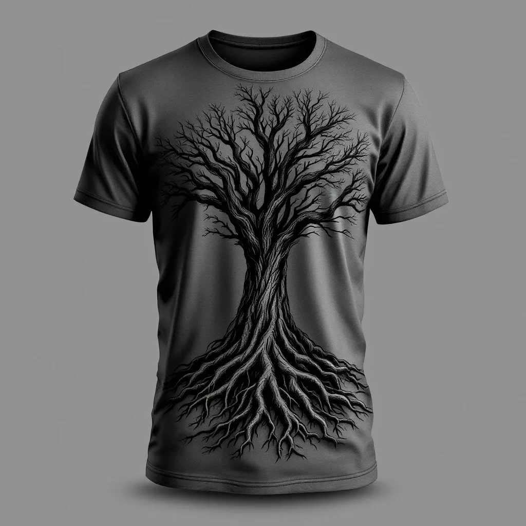 A themed t-shirt with a forest print. t-shirt with a detailed illustration of a majestic tree, its sprawling roots and branches printed on a charcoal gray shirt, ideal for a rustic and natural style, a t-shirt with short sleeves, static shot, fashion shirt, a shirt set against a solid-colored background, with contrast between background and shirt, on a solid light-gray studio background, realistic shirt concept