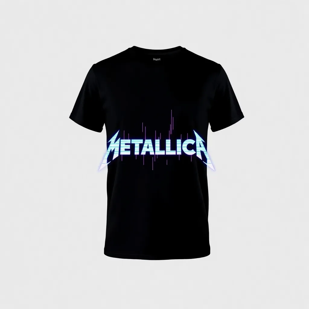 a t-shirt with t-shirt with a futuristic digital glitch art of Metallica’s name, using neon blue and purple highlights on a black background for a modern and edgy aesthetic, a t-shirt with short sleeves, static shot, fashion shirt, a shirt set against a solid-colored background, with contrast between background and shirt, on a solid light-gray studio background, realistic shirt concept