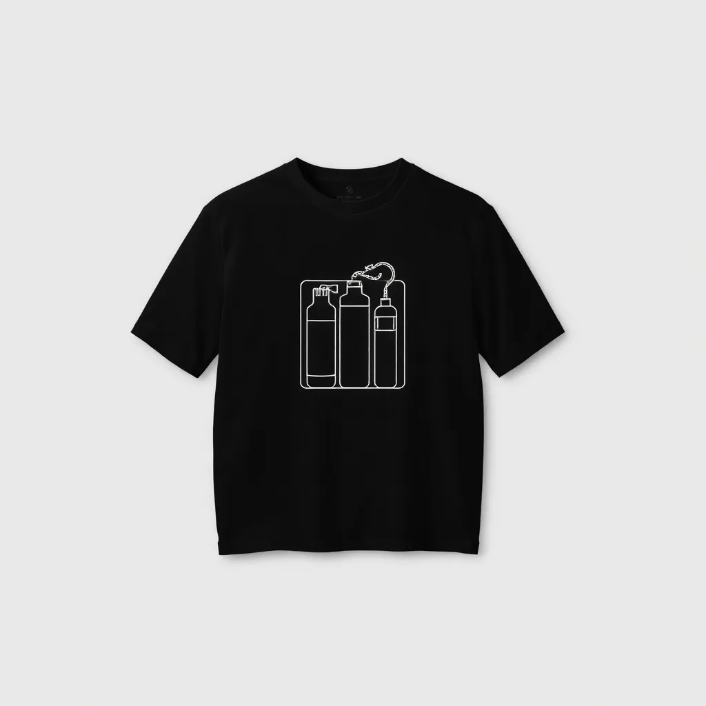 A themed t-shirt with a counter strike print. t-shirt with a minimalist design featuring a bomb defusal kit, centered on a black shirt, with intricate white lines for a tactical and technical aesthetic, a t-shirt with short sleeves, static shot, fashion shirt, a shirt set against a solid-colored background, with contrast between background and shirt, on a solid light-gray studio background, realistic shirt concept