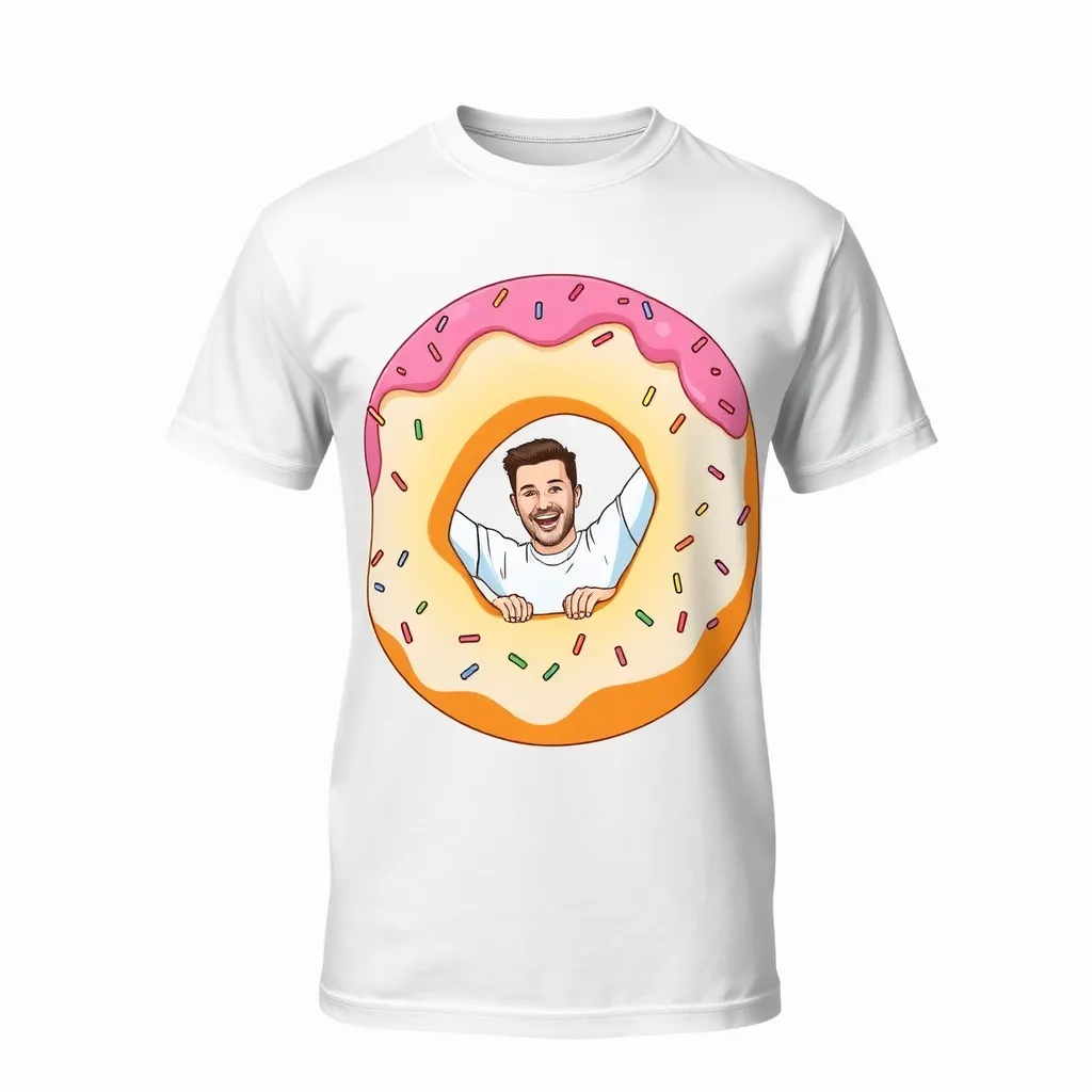 a t-shirt with t-shirt with a playful illustration of a man stuck inside a giant donut, with pink icing and colorful sprinkles, capturing a fun and silly atmosphere, a t-shirt with short sleeves, static shot, fashion shirt, a shirt set against a solid-colored background, with contrast between background and shirt, on a solid light-gray studio background, realistic shirt concept