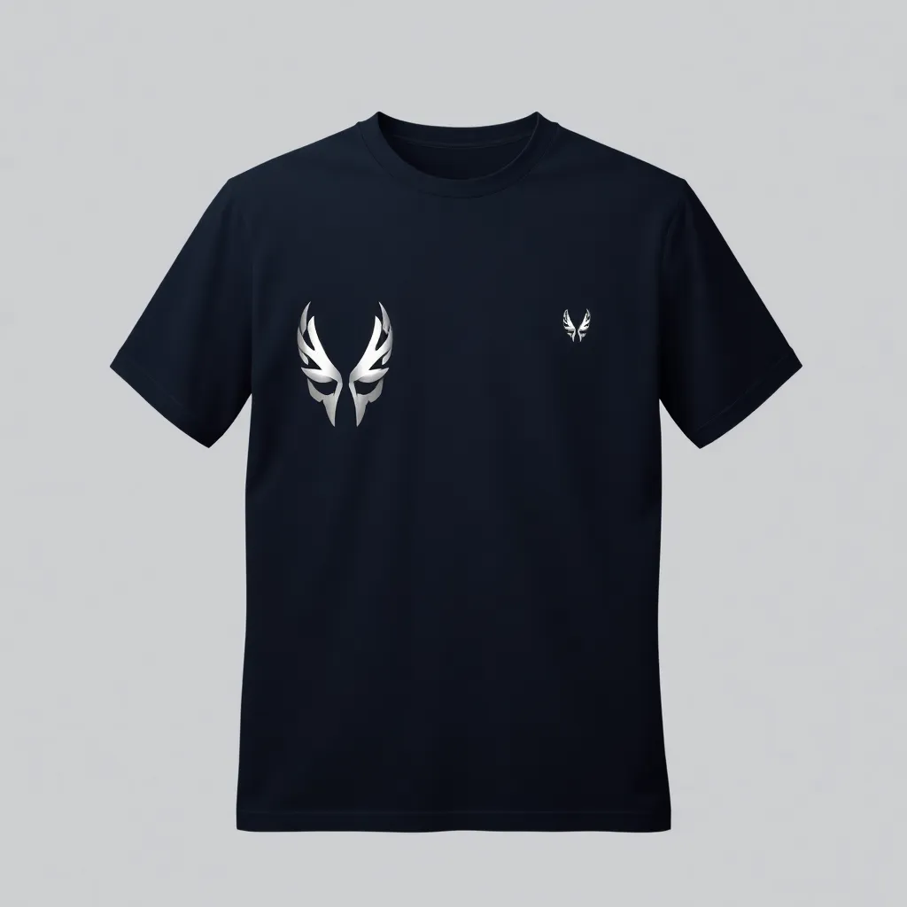 A themed t-shirt with a terminator print. t-shirt with a company uniform showcasing a small terminator-themed logo on the left chest, in chrome or silver against a dark navy shirt for a professional and edgy look, a t-shirt with short sleeves, static shot, fashion shirt, a shirt set against a solid-colored background, with contrast between background and shirt, on a solid light-gray studio background, realistic shirt concept