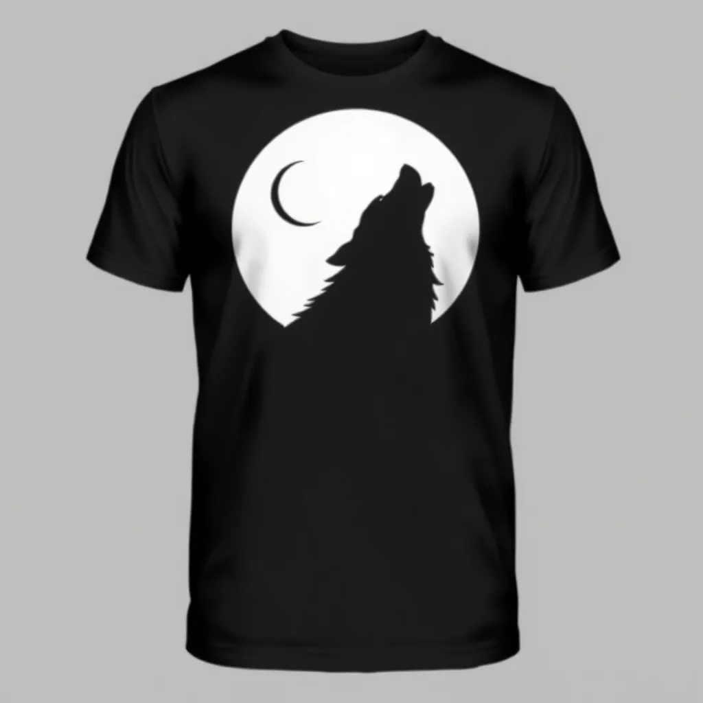 a t-shirt with t-shirt with a silhouette of a wolf howling at a small, crescent moon, centered on a black shirt with white accents for a striking and minimalist aesthetic, a t-shirt with short sleeves, static shot, fashion shirt, a shirt set against a solid-colored background, with contrast between background and shirt, on a solid light-gray studio background, realistic shirt concept