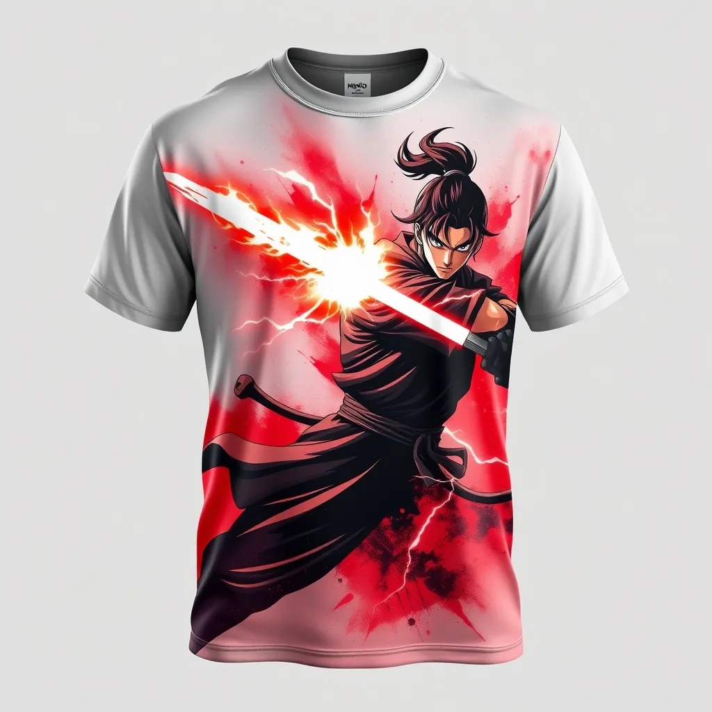 a t-shirt with t-shirt with a fierce anime warrior in battle stance, wielding a glowing energy sword, surrounded by lightning effects and dark red and black hues for an intense, dramatic feel, a t-shirt with short sleeves, static shot, fashion shirt, a shirt set against a solid-colored background, with contrast between background and shirt, on a solid light-gray studio background, realistic shirt concept