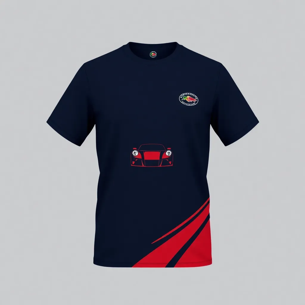 A themed t-shirt with a race car print. t-shirt with a company uniform featuring a small race car logo embroidered on the left chest, using a dark navy background for a professional and sporty look, a t-shirt with short sleeves, static shot, fashion shirt, a shirt set against a solid-colored background, with contrast between background and shirt, on a solid light-gray studio background, realistic shirt concept