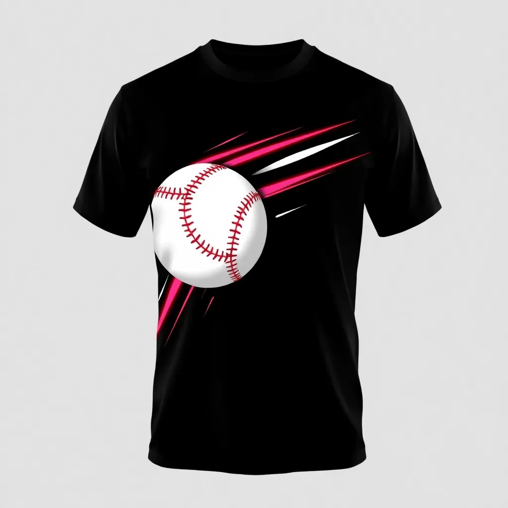 a t-shirt with t-shirt with an abstract portrayal of a baseball soaring through the air, using bold angular lines and neon red and white highlights, set against a black background, a t-shirt with short sleeves, static shot, fashion shirt, a shirt set against a solid-colored background, with contrast between background and shirt, on a solid light-gray studio background, realistic shirt concept