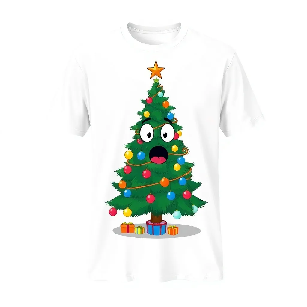 a t-shirt with t-shirt with a cartoon Christmas tree decorated with over-the-top ornaments and lights, looking surprised, set against a plain white shirt for a clean and funny design, a t-shirt with short sleeves, static shot, fashion shirt, a shirt set against a solid-colored background, with contrast between background and shirt, on a solid light-gray studio background, realistic shirt concept