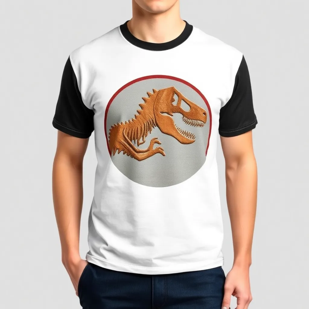 A themed t-shirt with a jurassic park print. t-shirt with an abstract design of a dinosaur fossil, using layered geometric shapes and earth-tone colors for a modern take on prehistoric relics, a t-shirt with short sleeves, static shot, fashion shirt, a shirt set against a solid-colored background, with contrast between background and shirt, on a solid light-gray studio background, realistic shirt concept