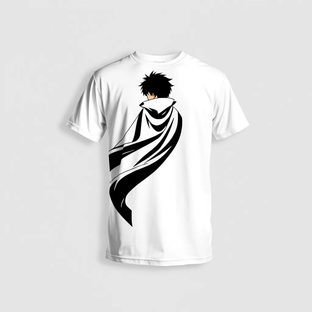 a t-shirt with t-shirt with a silhouette of an anime character with a flowing cape, centered on a white background with subtle shadow effects for a striking and stylish design, a t-shirt with short sleeves, static shot, fashion shirt, a shirt set against a solid-colored background, with contrast between background and shirt, on a solid light-gray studio background, realistic shirt concept