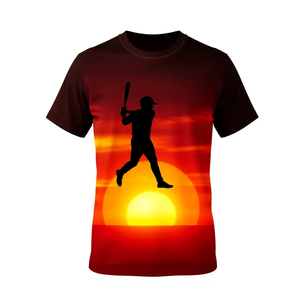 a t-shirt with t-shirt with a baseball silhouette set against a blazing sunset, with orange and red hues and the baseball player’s silhouette in bold black, centered on the chest, a t-shirt with short sleeves, static shot, fashion shirt, a shirt set against a solid-colored background, with contrast between background and shirt, on a solid light-gray studio background, realistic shirt concept