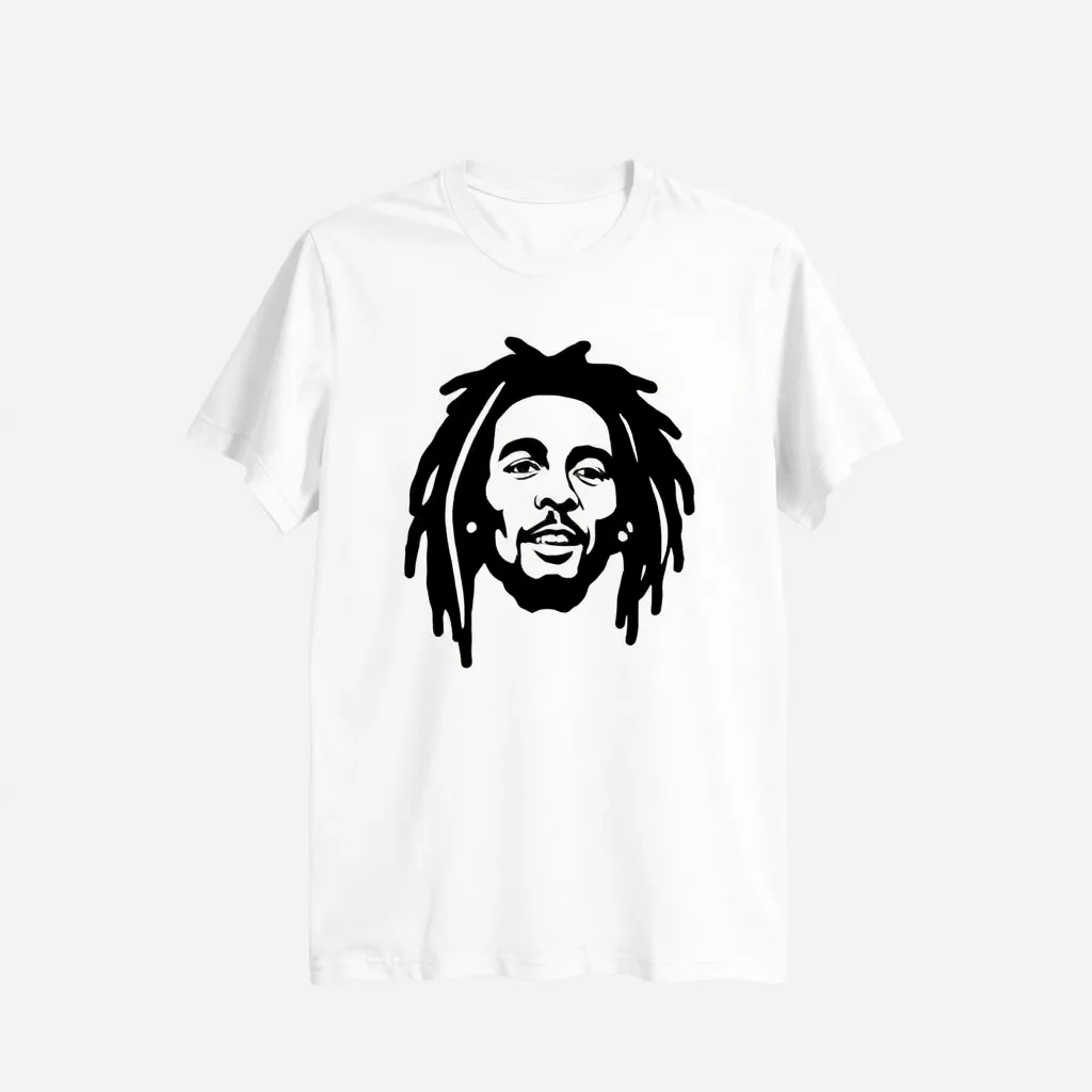 a t-shirt with t-shirt with a minimalist design featuring a simple black and white line drawing of Bob Marley's face, centered on a plain white shirt for a clean, iconic look, a t-shirt with short sleeves, static shot, fashion shirt, a shirt set against a solid-colored background, with contrast between background and shirt, on a solid light-gray studio background, realistic shirt concept