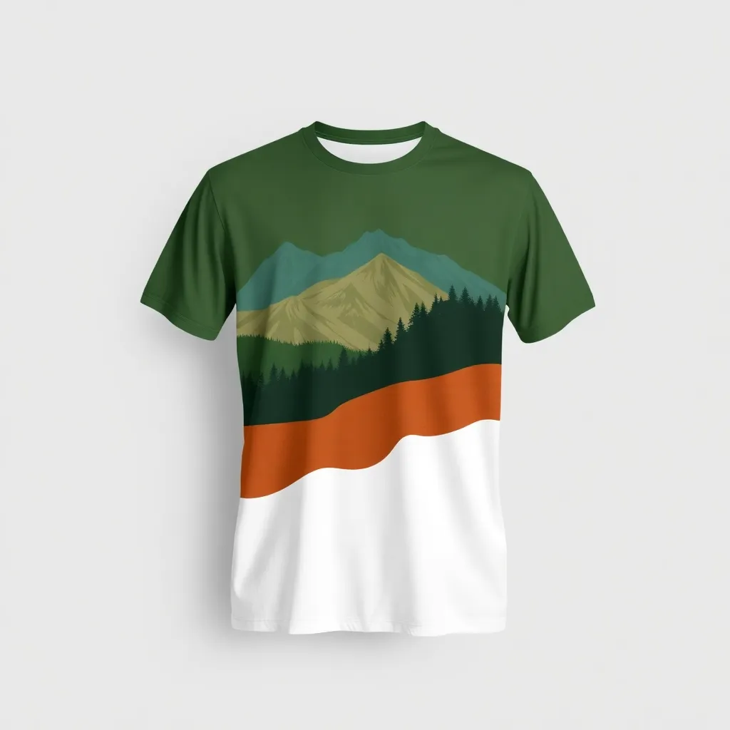 a t-shirt with t-shirt with a serene mountain trail running design, featuring overlapping layers of forest greens and earthy browns, evoking a peaceful workout in nature, a t-shirt with short sleeves, static shot, fashion shirt, a shirt set against a solid-colored background, with contrast between background and shirt, on a solid light-gray studio background, realistic shirt concept