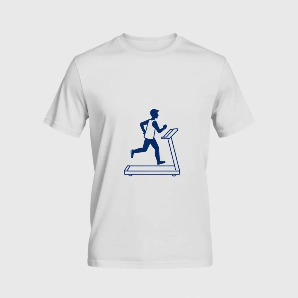 a t-shirt with t-shirt with a single-line illustration of a person running on a treadmill, positioned across the chest in dark blue, with a light gray background for a subtle and elegant design, a t-shirt with short sleeves, static shot, fashion shirt, a shirt set against a solid-colored background, with contrast between background and shirt, on a solid light-gray studio background, realistic shirt concept