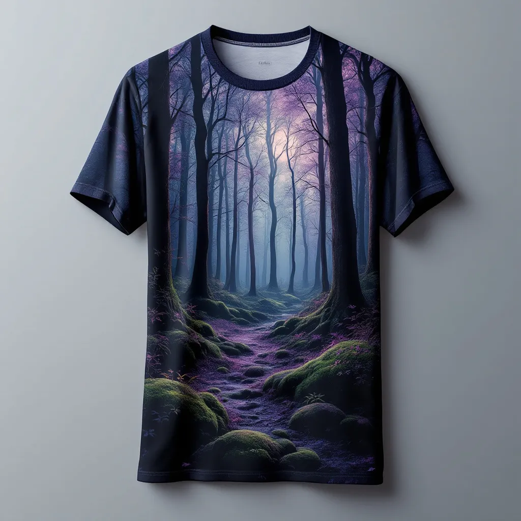 A themed t-shirt with a nature print. t-shirt with a mystical forest at twilight, the trees casting long shadows and the ground covered in a blanket of soft moss, in deep greens and violets, a t-shirt with short sleeves, static shot, fashion shirt, a shirt set against a solid-colored background, with contrast between background and shirt, on a solid light-gray studio background, realistic shirt concept