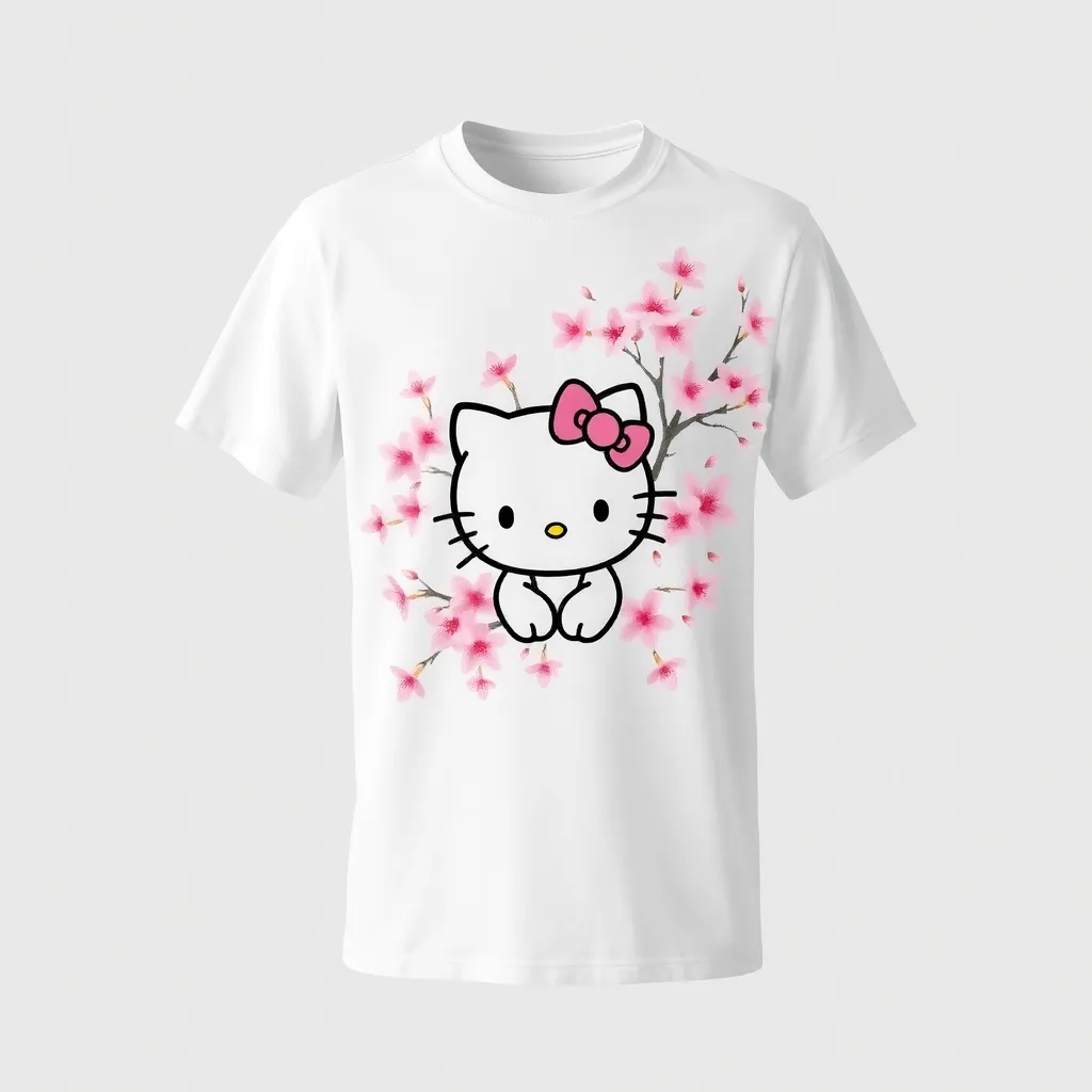 a t-shirt with t-shirt with a whimsical Hello Kitty surrounded by cherry blossoms, with shades of pink and white, capturing a serene and delicate mood, a t-shirt with short sleeves, static shot, fashion shirt, a shirt set against a solid-colored background, with contrast between background and shirt, on a solid light-gray studio background, realistic shirt concept