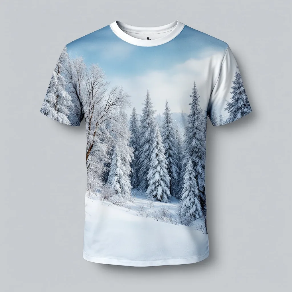 A themed t-shirt with a forest print. t-shirt with a winter forest scene, with snow-dusted trees and a clear, soft blue sky, offering a sense of tranquility and solitude in the cold season, a t-shirt with short sleeves, static shot, fashion shirt, a shirt set against a solid-colored background, with contrast between background and shirt, on a solid light-gray studio background, realistic shirt concept