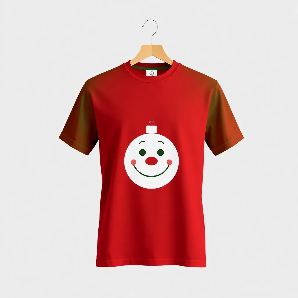 a t-shirt with t-shirt with a minimalist design featuring a single large Christmas ornament with a funny face, centered on a plain red or green shirt for a simple yet amusing look, a t-shirt with short sleeves, static shot, fashion shirt, a shirt set against a solid-colored background, with contrast between background and shirt, on a solid light-gray studio background, realistic shirt concept