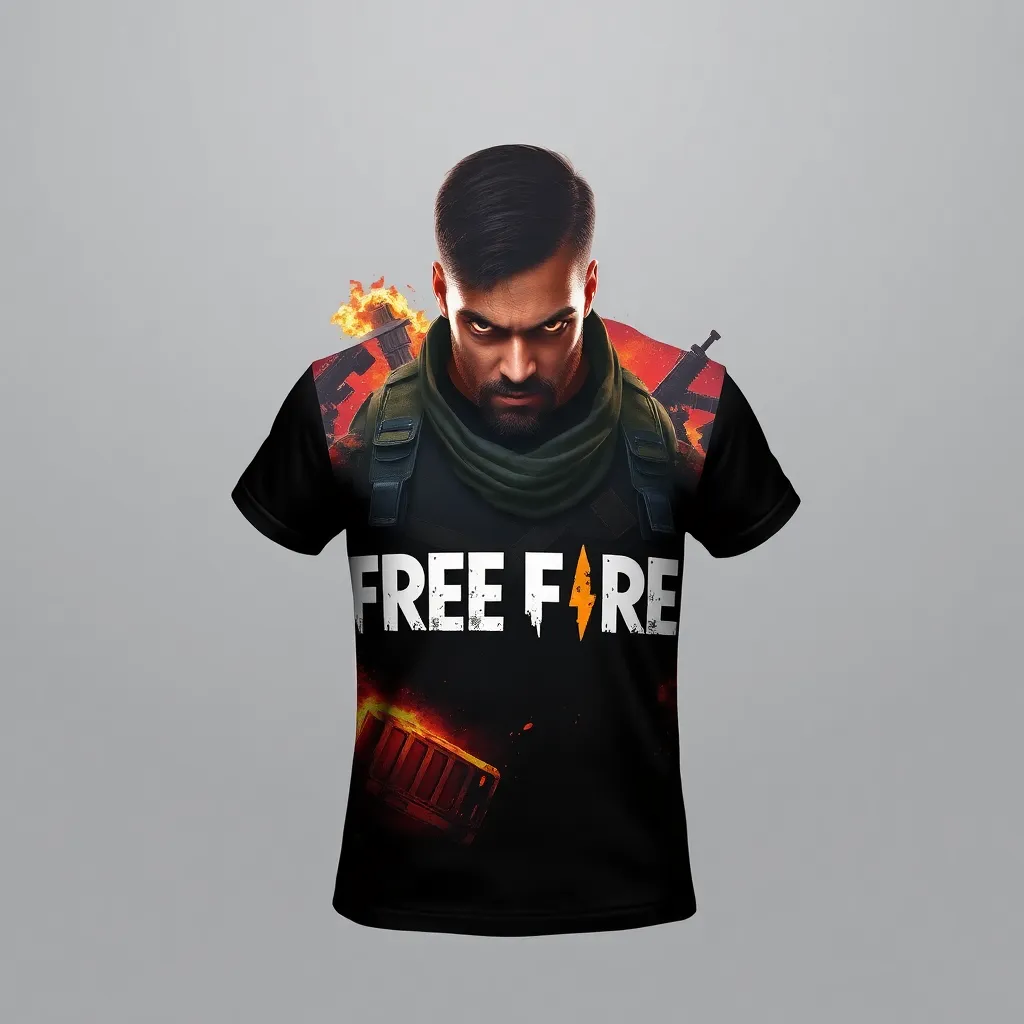 A themed t-shirt with a free fire print. t-shirt with an intense character spotlight, focusing on a "Free Fire" avatar with piercing eyes and tactical gear, illuminated by a fiery background with elements of war-torn environments, a t-shirt with short sleeves, static shot, fashion shirt, a shirt set against a solid-colored background, with contrast between background and shirt, on a solid light-gray studio background, realistic shirt concept