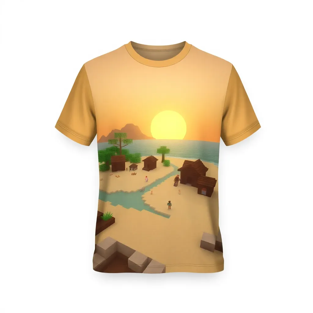 A themed t-shirt with a minecraft print. t-shirt with a beachside Minecraft village, showcasing small huts, villagers, and a setting sun, rendered in warm, pastel colors for a serene atmosphere, a t-shirt with short sleeves, static shot, fashion shirt, a shirt set against a solid-colored background, with contrast between background and shirt, on a solid light-gray studio background, realistic shirt concept