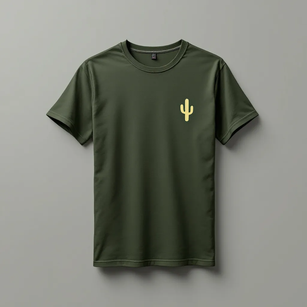 A themed t-shirt with a cactus print. t-shirt with a company uniform showcasing a stylized cactus logo on the left chest, using dark forest green tones against a khaki background for professional branding, a t-shirt with short sleeves, static shot, fashion shirt, a shirt set against a solid-colored background, with contrast between background and shirt, on a solid light-gray studio background, realistic shirt concept