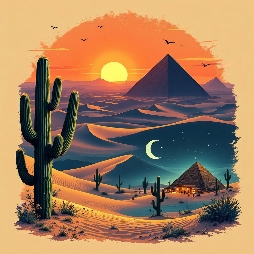 A themed t-shirt with a desert print. t-shirt with a vast desert landscape during golden hour, with rolling sand dunes and a brilliant orange and purple sunset lighting up the sky', 't-shirt with a minimalist outline of a cactus with small desert flowers, in dark green, set against a soft beige or light sand-colored background', 't-shirt with a desert night scene with a crescent moon and stars illuminating the silhouettes of iconic saguaro cacti, creating a mystical atmosphere with dark blue hues', 't-shirt with a bustling desert festival scene with tents, colorful lanterns, and people celebrating under a starry sky, capturing the vibrant energy of desert life', 't-shirt with a single, large, detailed sand dune with ripples and shadows, highlighted in warm yellow and orange tones for a realistic effect', 't-shirt with an ancient pyramid surrounded by sparse desert vegetation with the sun setting in the background, giving the design a historical and majestic aura', 't-shirt with a company uniform featuring a sleek camel silhouette logo embroidered on the left chest, using earthy brown tones for a professional and nature-connected look', 't-shirt with a dynamic dust storm illustration, capturing swirling sands and the power of nature, using muted browns and grays for texture and movement', 't-shirt with a serene oasis design with lush palm trees and a clear water reflection, set against the backdrop of golden sand dunes under a bright blue sky', 't-shirt with a minimalist desert panorama with simple black lines depicting a horizon of dunes and sparse vegetation, on a plain white shirt', 't-shirt with an artistic interpretation of a desert mirage, using abstract shapes and pastel shades of pink and orange to create an illusionary effect', 't-shirt with a barren landscape design featuring cracked clay and parched terrain, with a single vulture flying high in the stark, cloudless sky, a t-shirt with short sleeves, static shot, fashion shirt, a shirt set against a solid-colored background, with contrast between background and shirt, on a solid light-gray studio background, realistic shirt concept