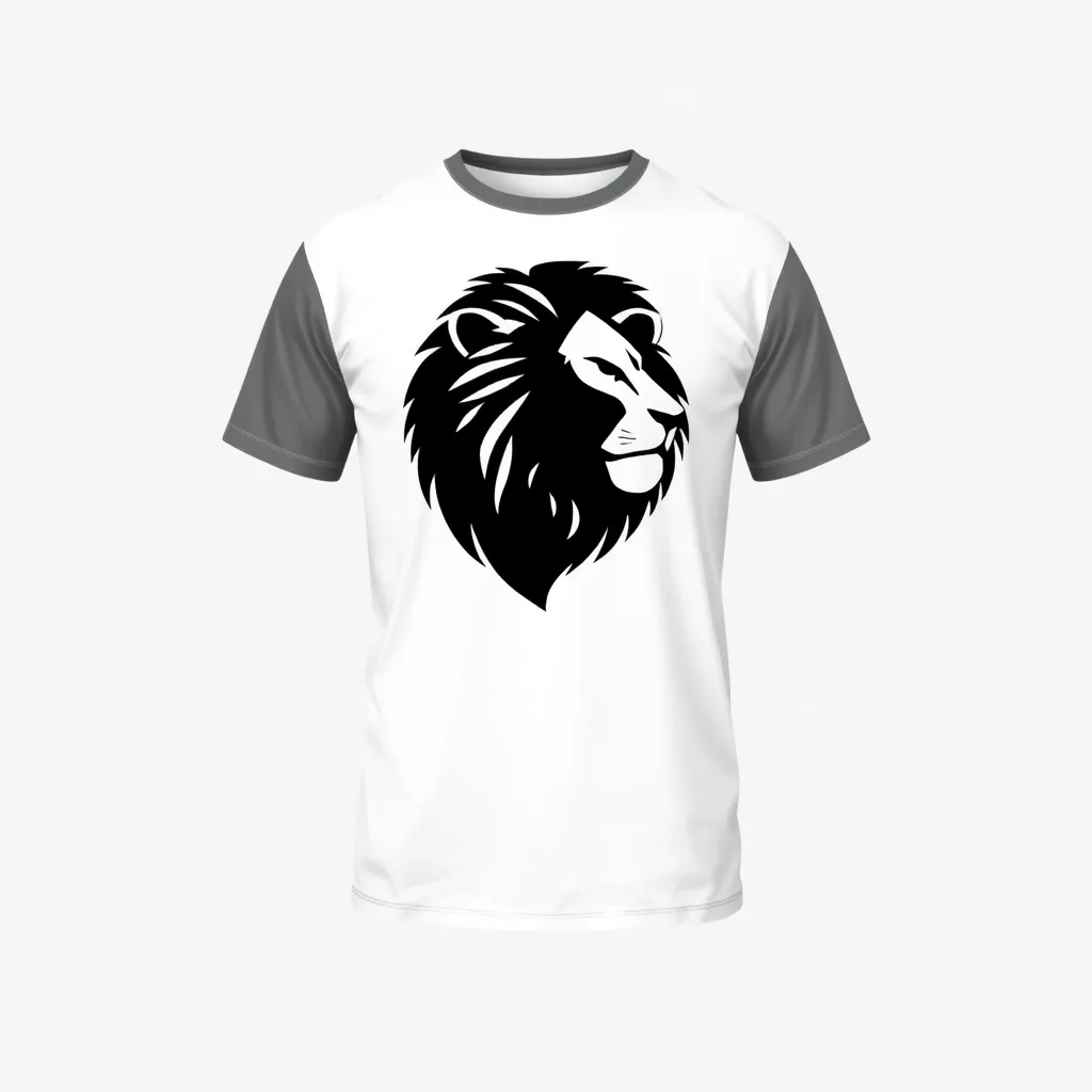 a t-shirt with t-shirt with a sleek and minimalist lion head silhouette in black, centered on a white shirt for a bold and clean design, a t-shirt with short sleeves, static shot, fashion shirt, a shirt set against a solid-colored background, with contrast between background and shirt, on a solid light-gray studio background, realistic shirt concept