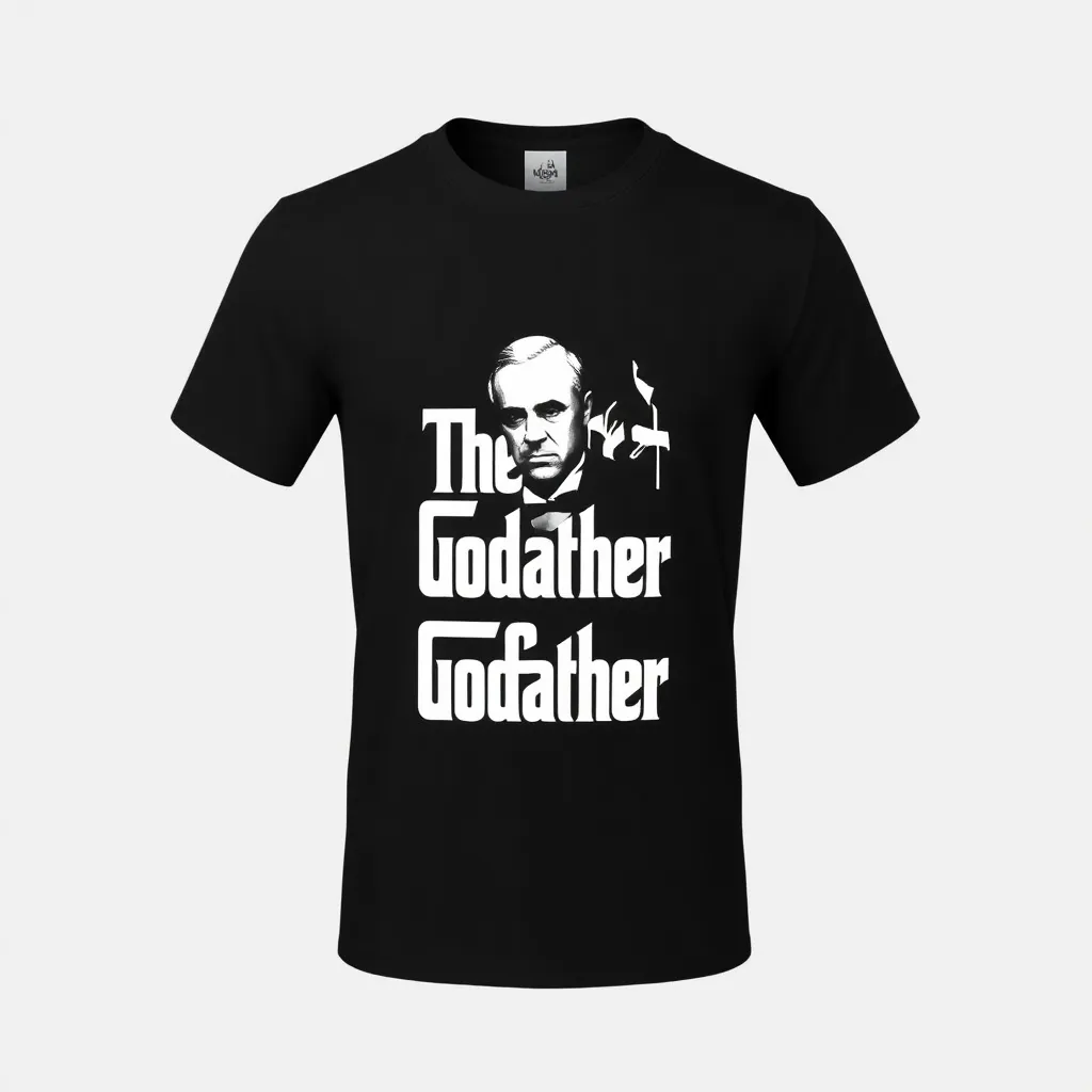 A themed t-shirt with a the godfather print. A t-shirt with a the godfather print, a t-shirt with short sleeves, static shot, fashion shirt, a shirt set against a solid-colored background, with contrast between background and shirt, on a solid light-gray studio background, realistic shirt concept