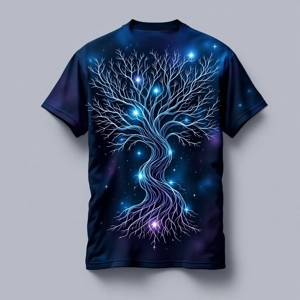 A themed t-shirt with a tree print. t-shirt with a mystical tree of life design, its branches swirling into intricate patterns, using deep blues and purples for a magical atmosphere, a t-shirt with short sleeves, static shot, fashion shirt, a shirt set against a solid-colored background, with contrast between background and shirt, on a solid light-gray studio background, realistic shirt concept