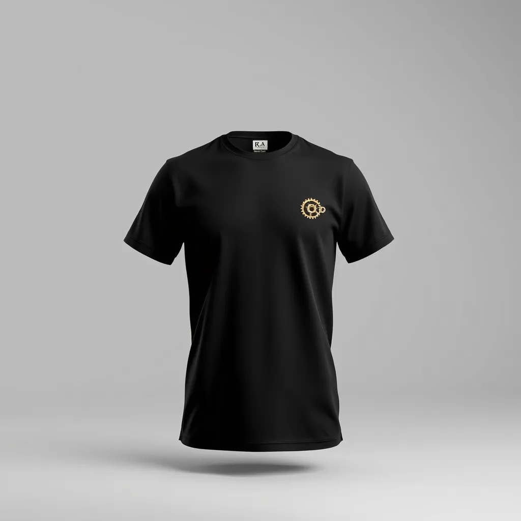 a t-shirt with t-shirt with a company uniform featuring a small, detailed steampunk gear logo embroidered on the left chest, in deep bronze on a black shirt for a professional and branded look, a t-shirt with short sleeves, static shot, fashion shirt, a shirt set against a solid-colored background, with contrast between background and shirt, on a solid light-gray studio background, realistic shirt concept