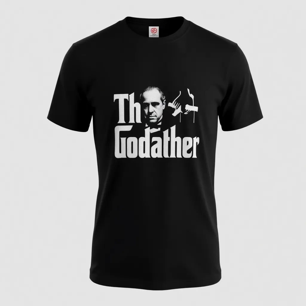 A themed t-shirt with a the godfather print. A t-shirt with a the godfather print, a t-shirt with short sleeves, static shot, fashion shirt, a shirt set against a solid-colored background, with contrast between background and shirt, on a solid light-gray studio background, realistic shirt concept