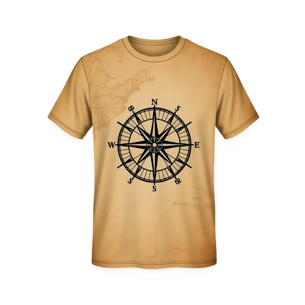 a t-shirt with t-shirt with an antique compass and map design, overlaid with aged paper textures, providing a sense of historical adventure and exploration, a t-shirt with short sleeves, static shot, fashion shirt, a shirt set against a solid-colored background, with contrast between background and shirt, on a solid light-gray studio background, realistic shirt concept