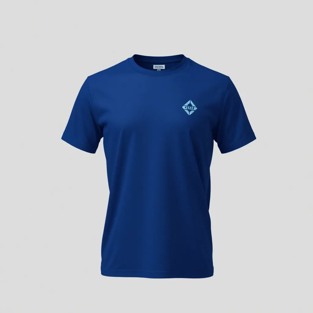 a t-shirt with t-shirt with a company uniform featuring a small, stylish 80s-inspired logo on the left side of the chest, with a royal blue background, creating a professional yet trendy design, a t-shirt with short sleeves, static shot, fashion shirt, a shirt set against a solid-colored background, with contrast between background and shirt, on a solid light-gray studio background, realistic shirt concept