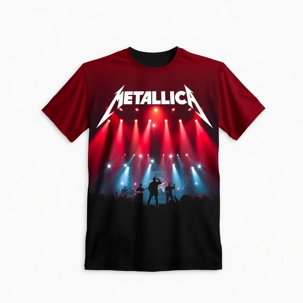 Metallica:

't-shirt with a vibrant, electrifying concert scene featuring Metallica on stage with flashing lights and an energetic crowd, using contrasting red, black, and white colors, a t-shirt with short sleeves