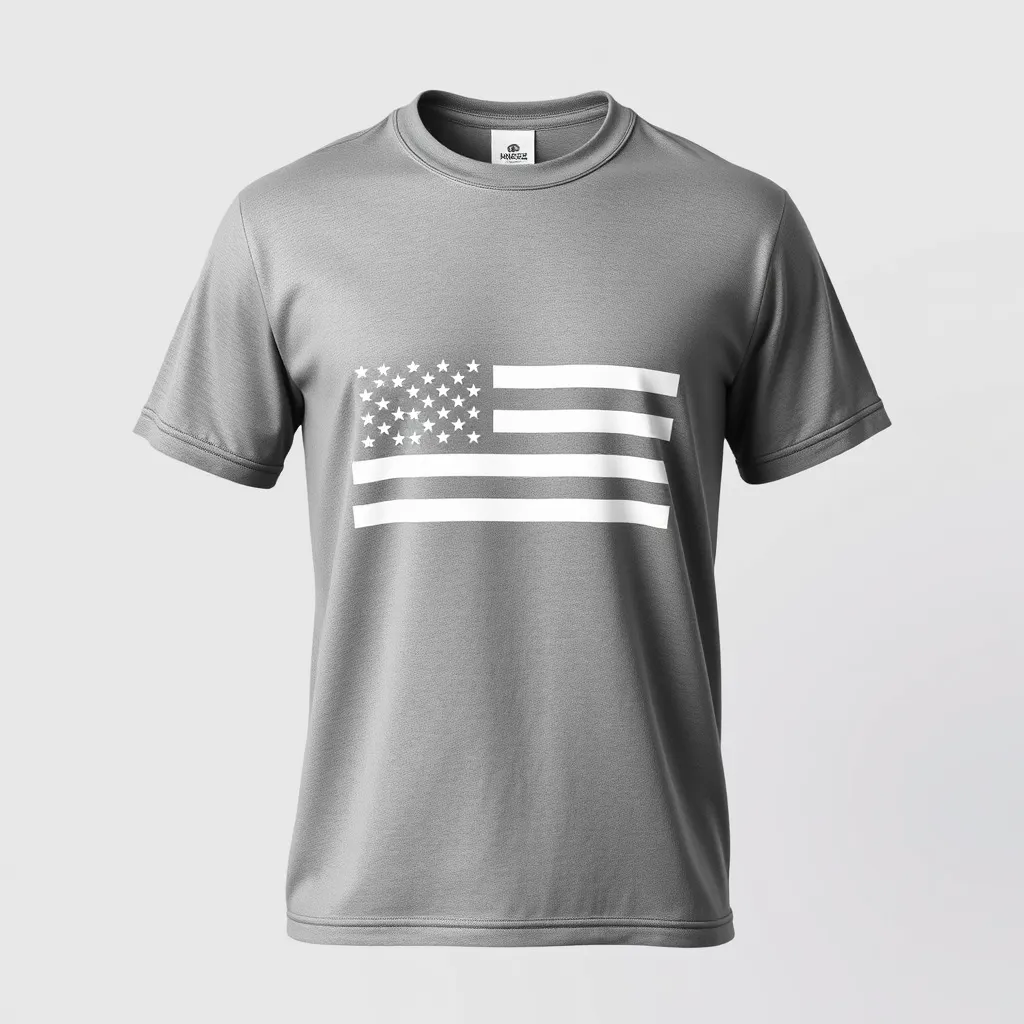 a t-shirt with t-shirt with a minimalist outline of the American flag on a gray or white shirt, using simple lines and shapes for a clean and understated design, a t-shirt with short sleeves, static shot, fashion shirt, a shirt set against a solid-colored background, with contrast between background and shirt, on a solid light-gray studio background, realistic shirt concept