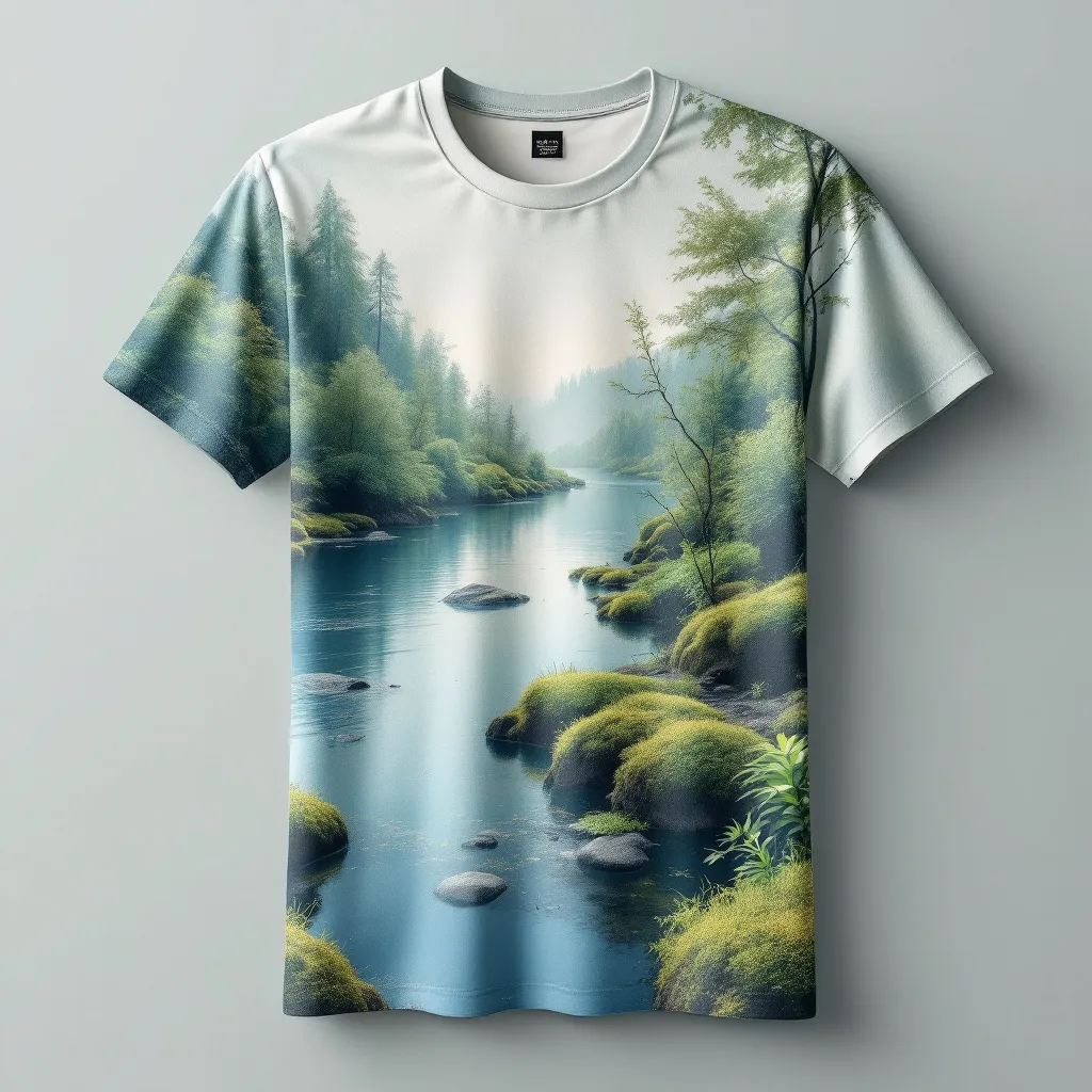 A themed t-shirt with a plant print. t-shirt with a soothing riverbank scene with soft moss lining and small shrubs, reflecting the tranquility of nature in cool blues and fresh greens, a t-shirt with short sleeves, static shot, fashion shirt, a shirt set against a solid-colored background, with contrast between background and shirt, on a solid light-gray studio background, realistic shirt concept