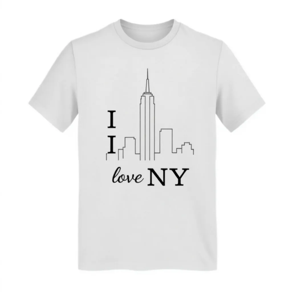a t-shirt with t-shirt with a minimalist Empire State Building outline and "I Love NY" in small, elegant black lettering on a light gray background for a sleek, contemporary look, a t-shirt with short sleeves, static shot, fashion shirt, a shirt set against a solid-colored background, with contrast between background and shirt, on a solid light-gray studio background, realistic shirt concept